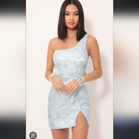 Lucy in the Sky Liana Satin Jacquard One-Shoulder Dress - Picture 1 of 5